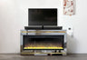 Modern entertainment center with color-changing LED top lights and matte black silhouette.