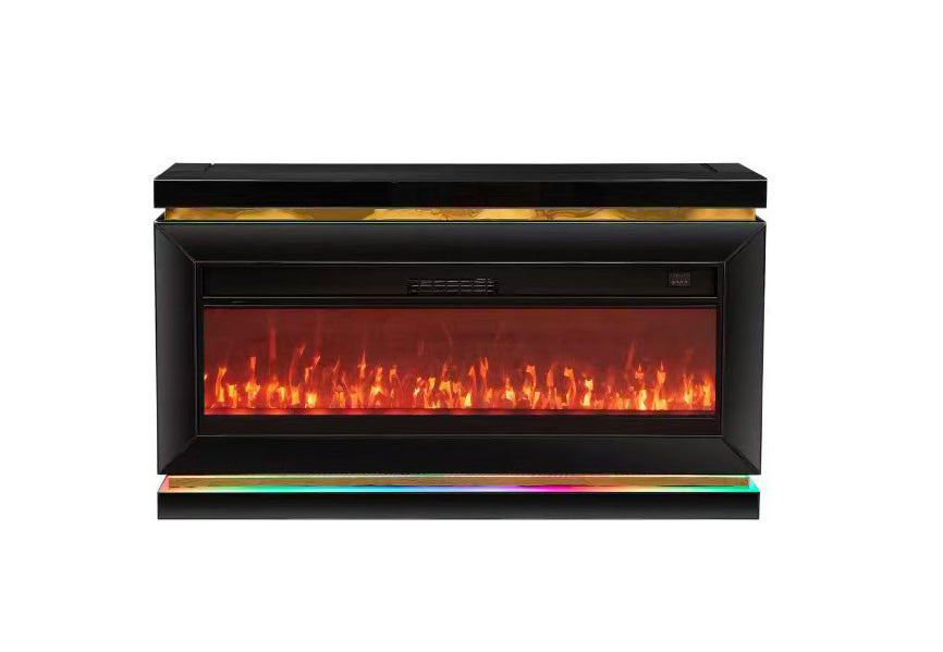 Close-up of the electric fireplace insert with realistic firewood heater and multi-color lighting.