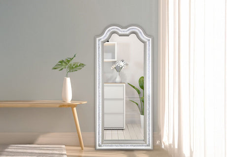 Front view of the Nini LED wall mirror with integrated crystal accents and glowing light strips.