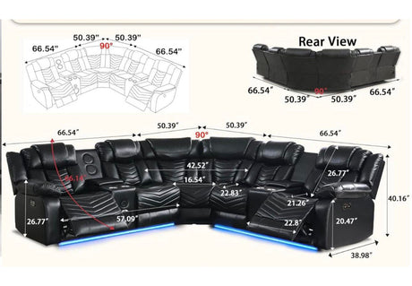 Front view of black leather reclining sectional with contemporary design