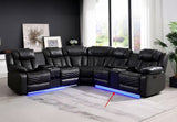 Close up of integrated cup holders on black leather sectional sofa