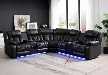 Close up of integrated cup holders on black leather sectional sofa