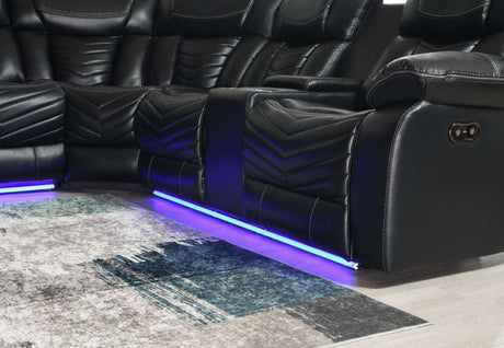 Overhead view of black reclining sectional with cup holders