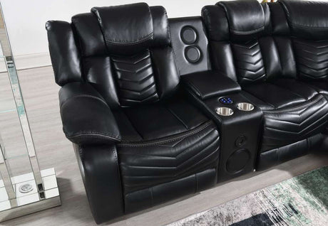 Padded armrests and integrated cup holders on theater sofa