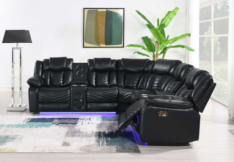 Contemporary media room seating with integrated storage and lighting