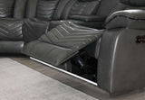 Close up of black leather grain and stitching on Ruiz sofa