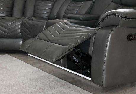 Close up of black leather grain and stitching on Ruiz sofa