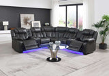 Ruiz Black Leather Reclining Sectional Sofa with Blue LED Base Lighting