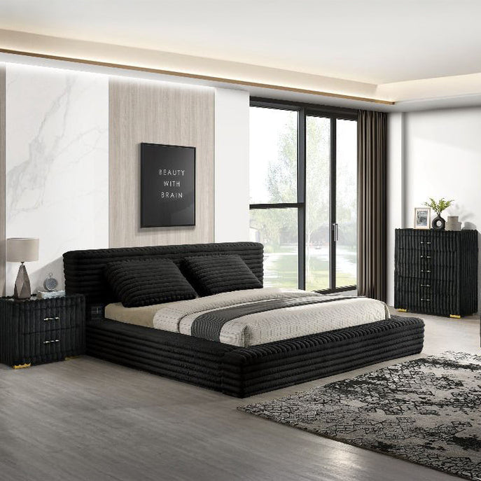Sandy Wingback Bed with Plush Ribbed Upholstery - Modern Upholstered Bed Frame in Queen or King