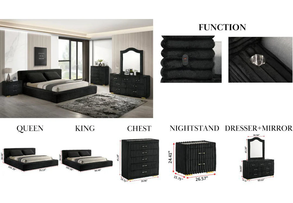 Sandy Wingback Bed with Plush Ribbed Upholstery - Modern Upholstered Bed Frame in Queen or King dimensions