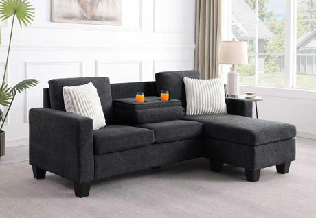 Modern FOAK sectional sofa with integrated chaise lounge and center console in a gray fabric upholstery.