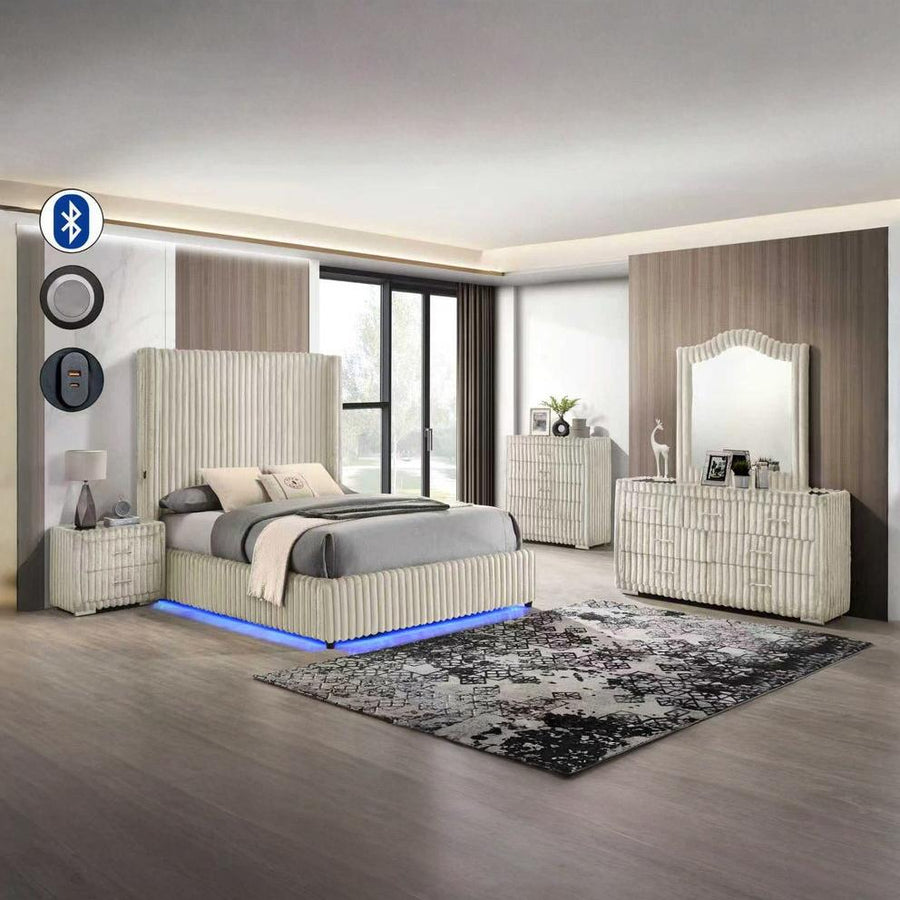 Allana Wingback Upholstered Bed with LED Light & Bluetooth Speakers
