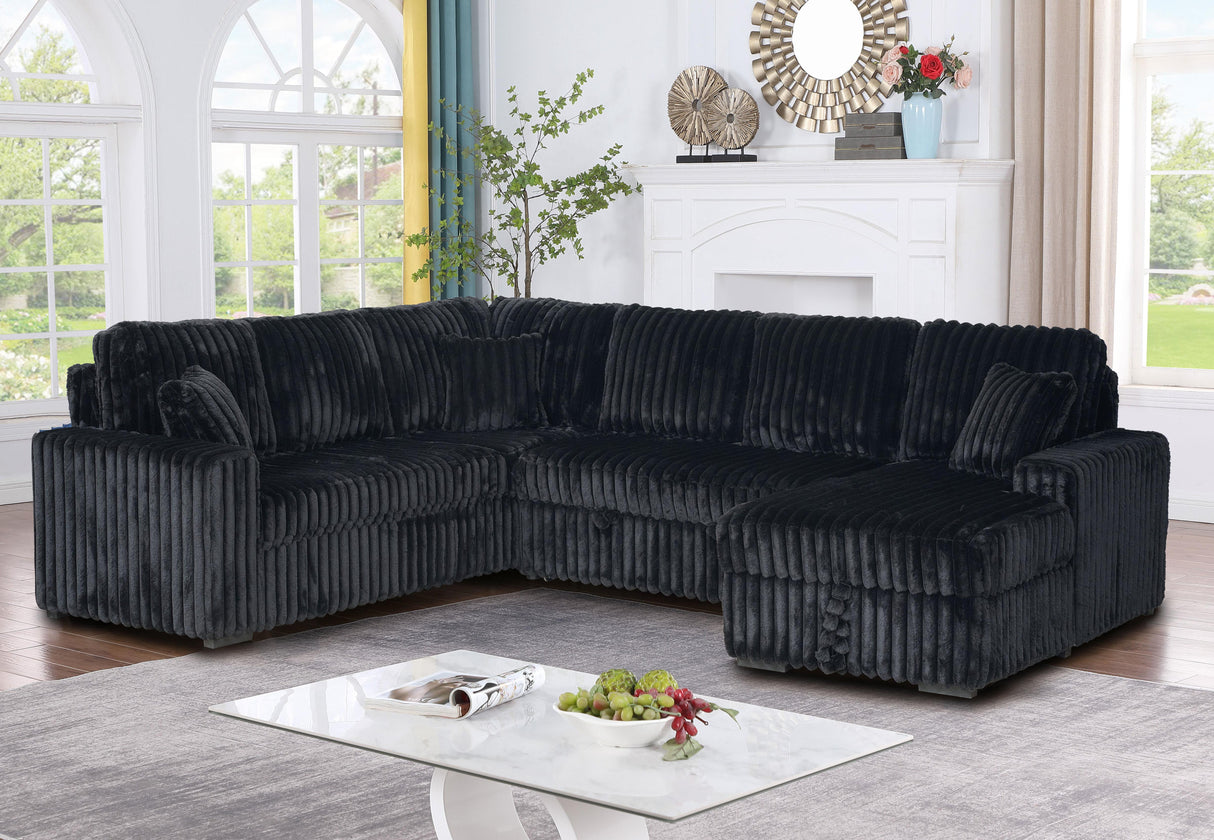 Deep seating detail of Maxy Black Corduroy Sectional by FOAK