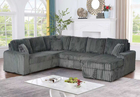 Corner detail of Maxy corduroy sectional with high density foam