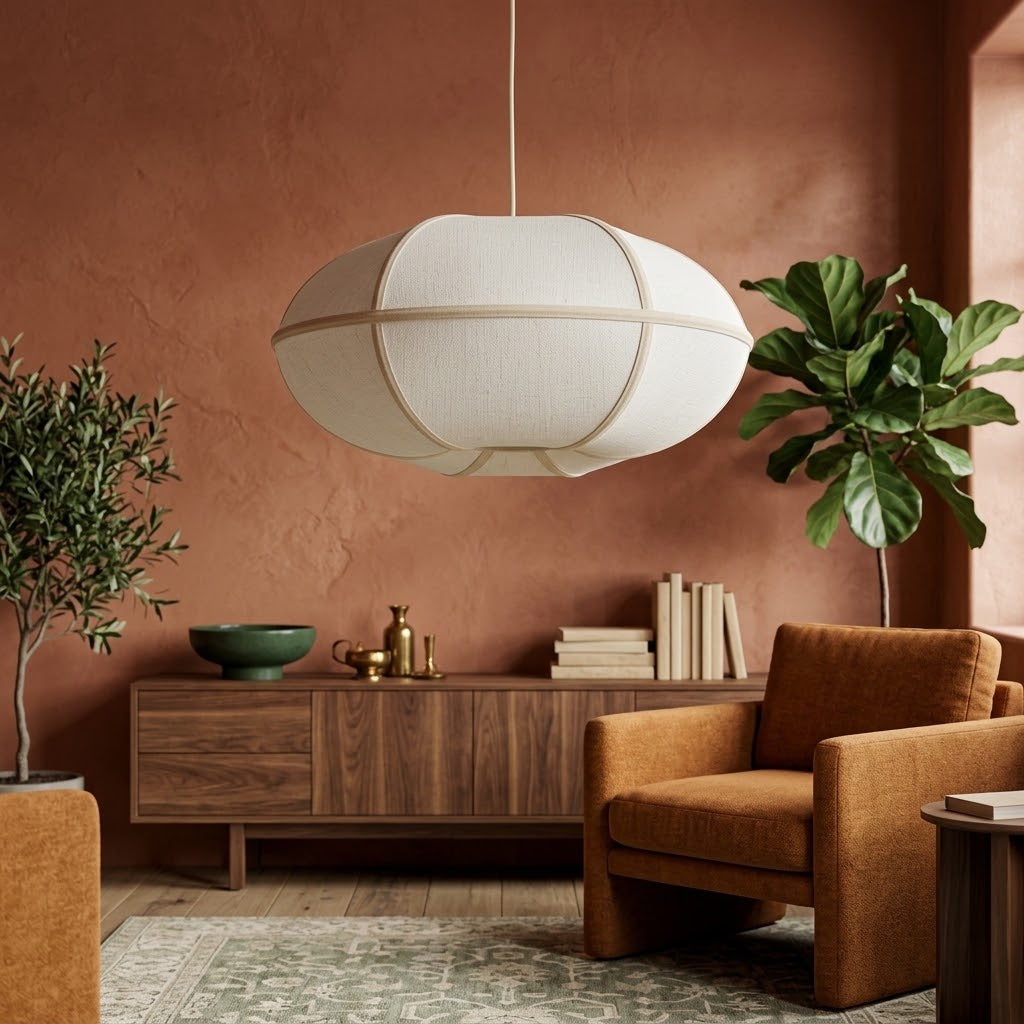 Josephine Oblong Fabric Pendant Lamp with Contrast Piping - Japandi Style & Overhead Lighting