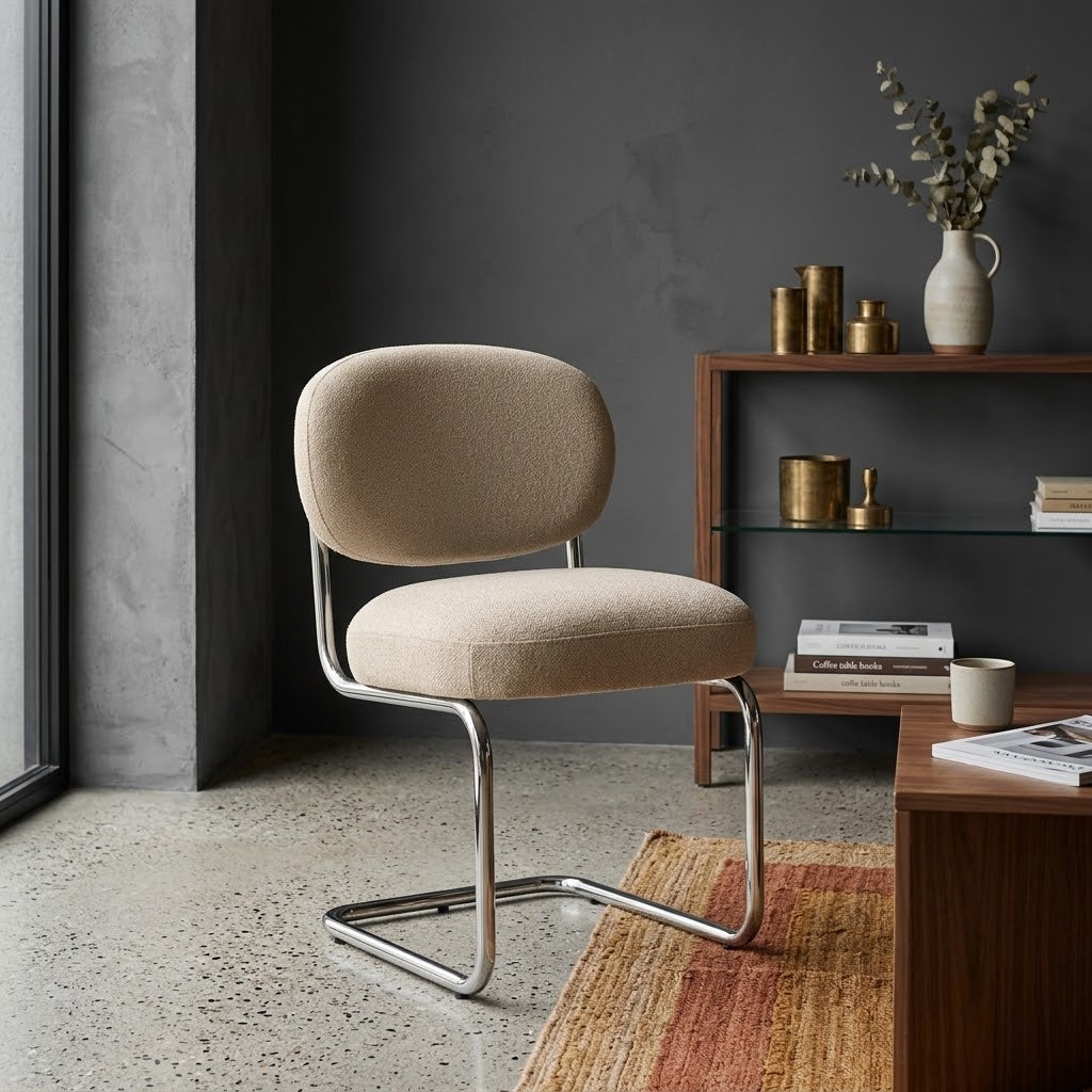 Becky Performance Chenille Accent Chair with Chrome Cantilever Base - Modern Minimalist Living Room Seating