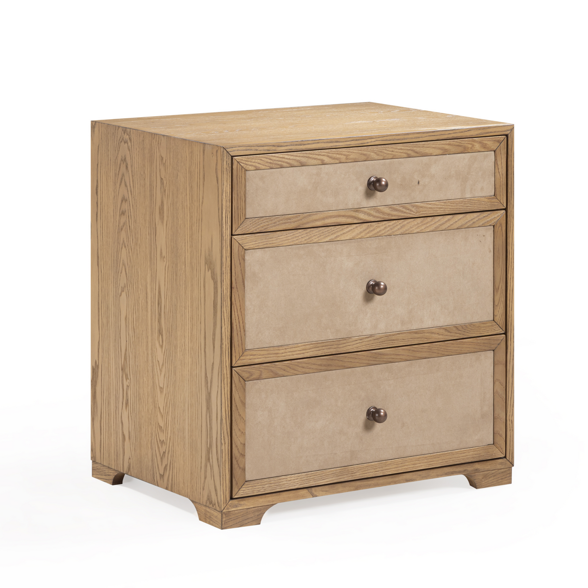 Laurentis 23.5" Light Taupe Suede and Wood 3-Drawer Nightstand - View 4
