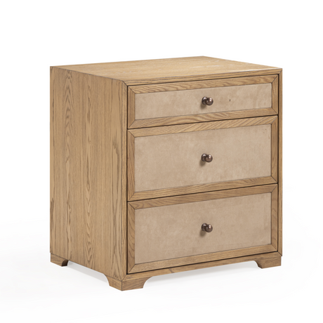 Laurentis 23.5" Light Taupe Suede and Wood 3-Drawer Nightstand - View 4