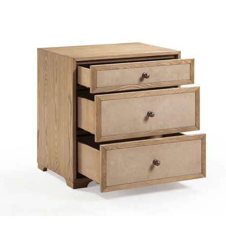 Laurentis 23.5" Light Taupe Suede and Wood 3-Drawer Nightstand - View 5