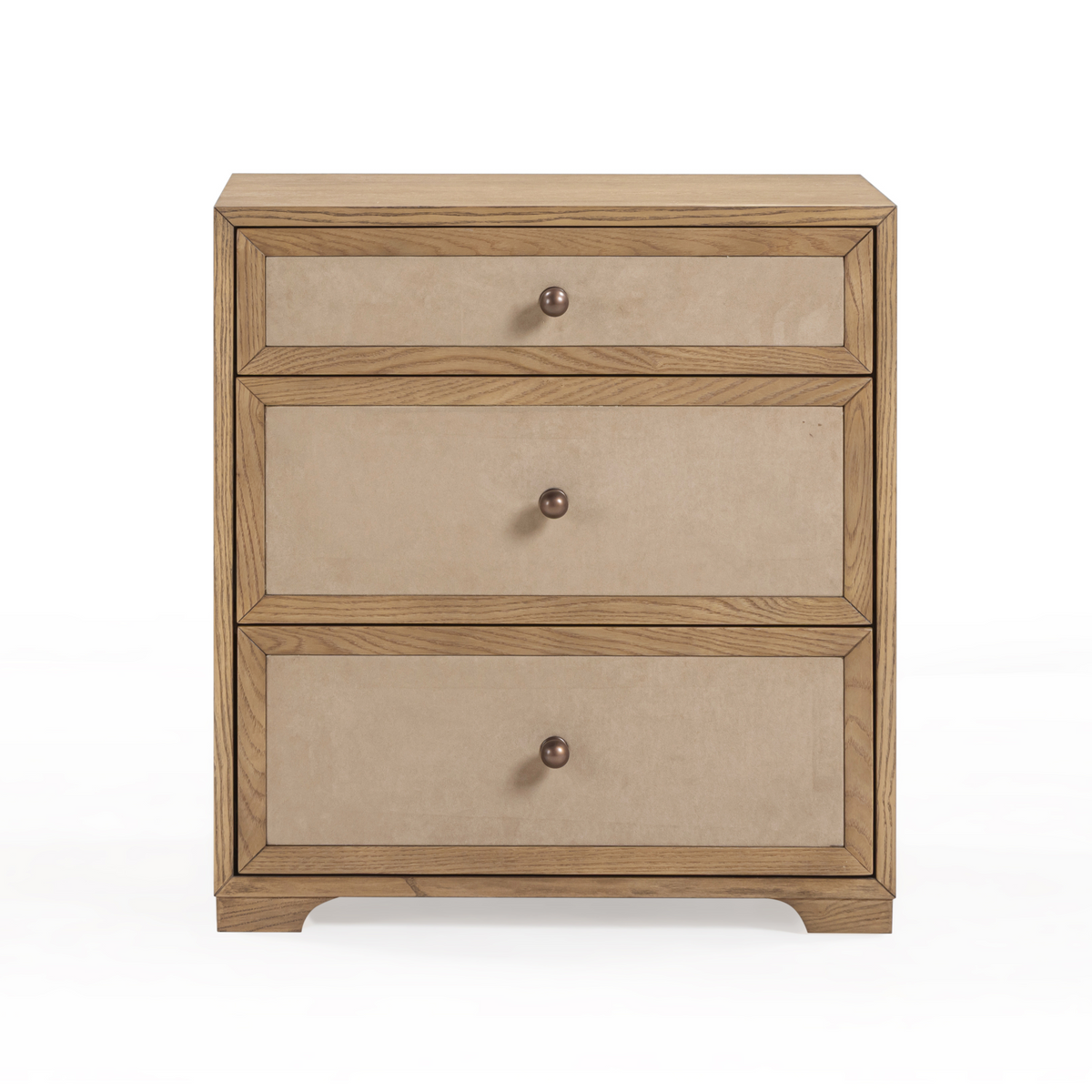 Laurentis 23.5" Light Taupe Suede and Wood 3-Drawer Nightstand - View 1