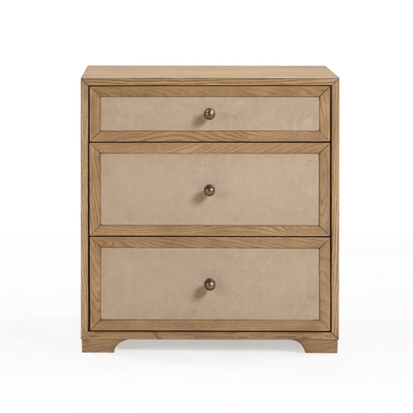 Laurentis 23.5" Light Taupe Suede and Wood 3-Drawer Nightstand - View 1