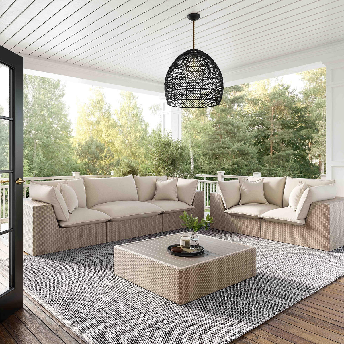 Side view of Cream and Natural Wicker Cali Outdoor Patio Ottoman