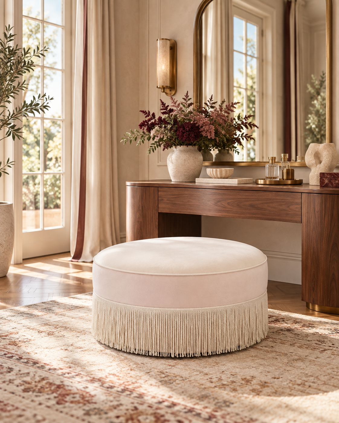 Tassy Velvet Round Ottoman with Tassel Fringe Trim - Whimsical Glam & Living Room Seating
