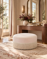 Tassy Velvet Round Ottoman with Tassel Fringe Trim - Whimsical Glam & Living Room Seating