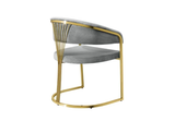 Front view of Annie grey velvet dining chair with gold stainless steel frame.
