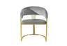 Close-up of grey velvet upholstery on modern dining chair.