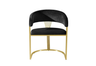 Detail of curved gold metal legs on FOAK dining chair.