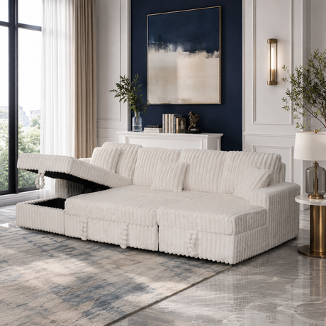 A white ribbed sectional sofa with a chaise lounge section in a modern, elegant living room featuring a dark blue accent wall, marble floor, and abstract wall art.