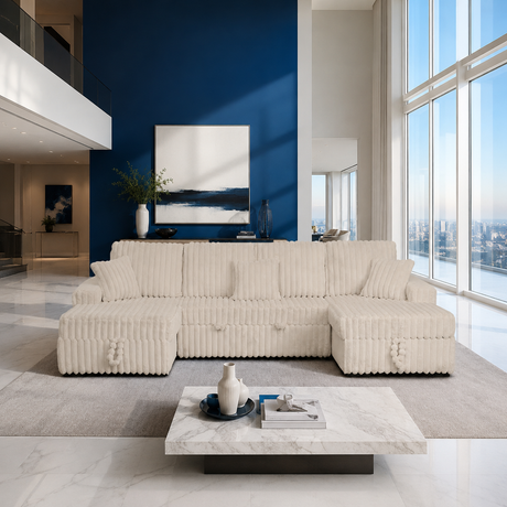 A modern sectional sofa upholstered in textured cream boucle fabric, styled in a contemporary living room with a dark blue accent wall, marble coffee table, and large windows overlooking a city skyline.