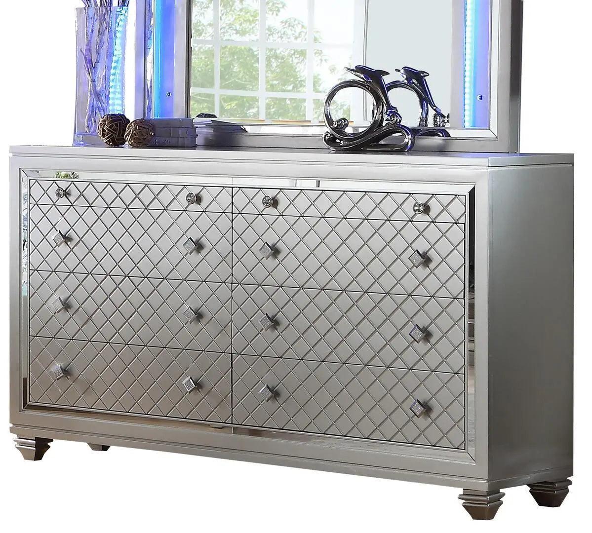 Shiney Silver Finish Bedroom Set with LED Headboard & Storage