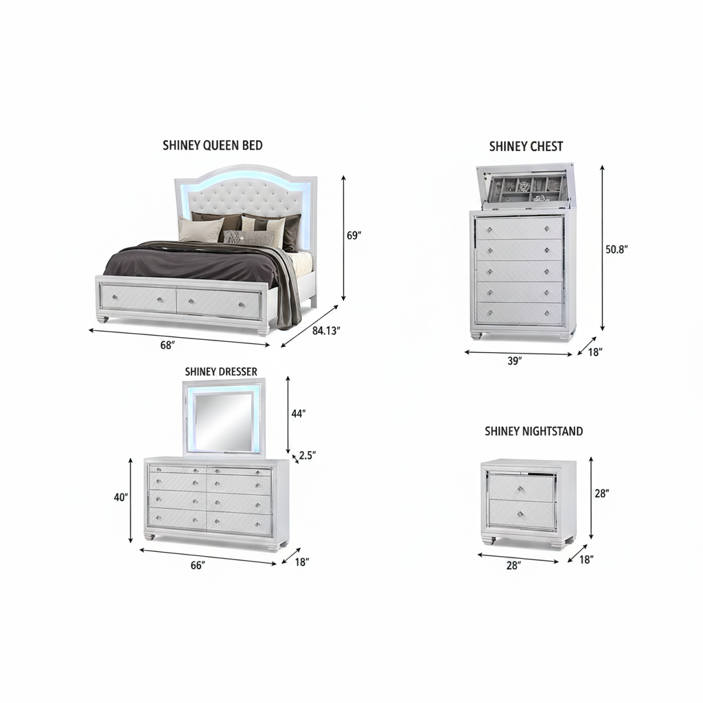 Shiney White Finish Bedroom Set with LED Headboard & Storage