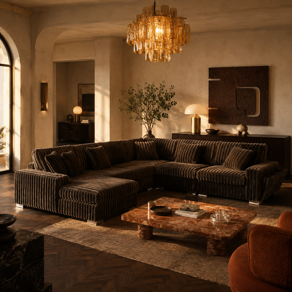 A luxurious dark brown striped sectional sofa in a warm, elegantly decorated living room with a marble coffee table, chandelier, and textured walls.