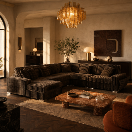 A luxurious dark brown striped sectional sofa in a warm, elegantly decorated living room with a marble coffee table, chandelier, and textured walls.