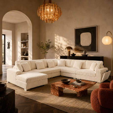 A large cream ribbed sectional sofa arranged in an L-shape in a warm, sunlit living room with a marble coffee table, chandelier, and textured walls.