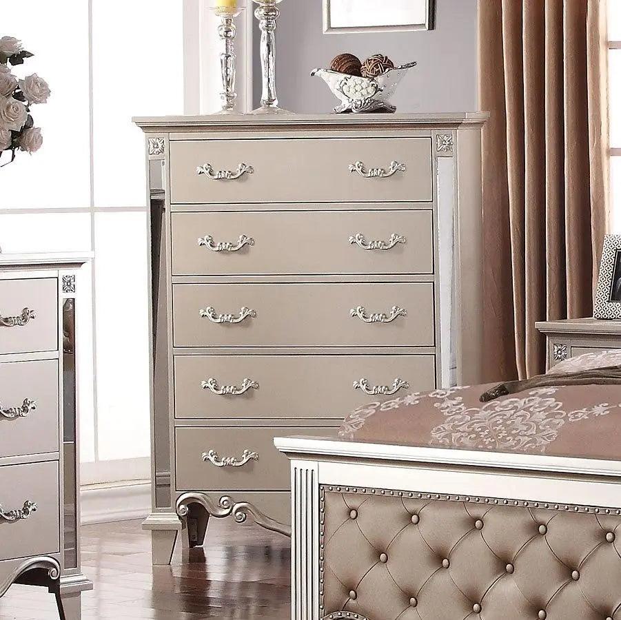 Elegant Sonia 5-Piece Contemporary Silver Tufted Champagne Bedroom Collection
