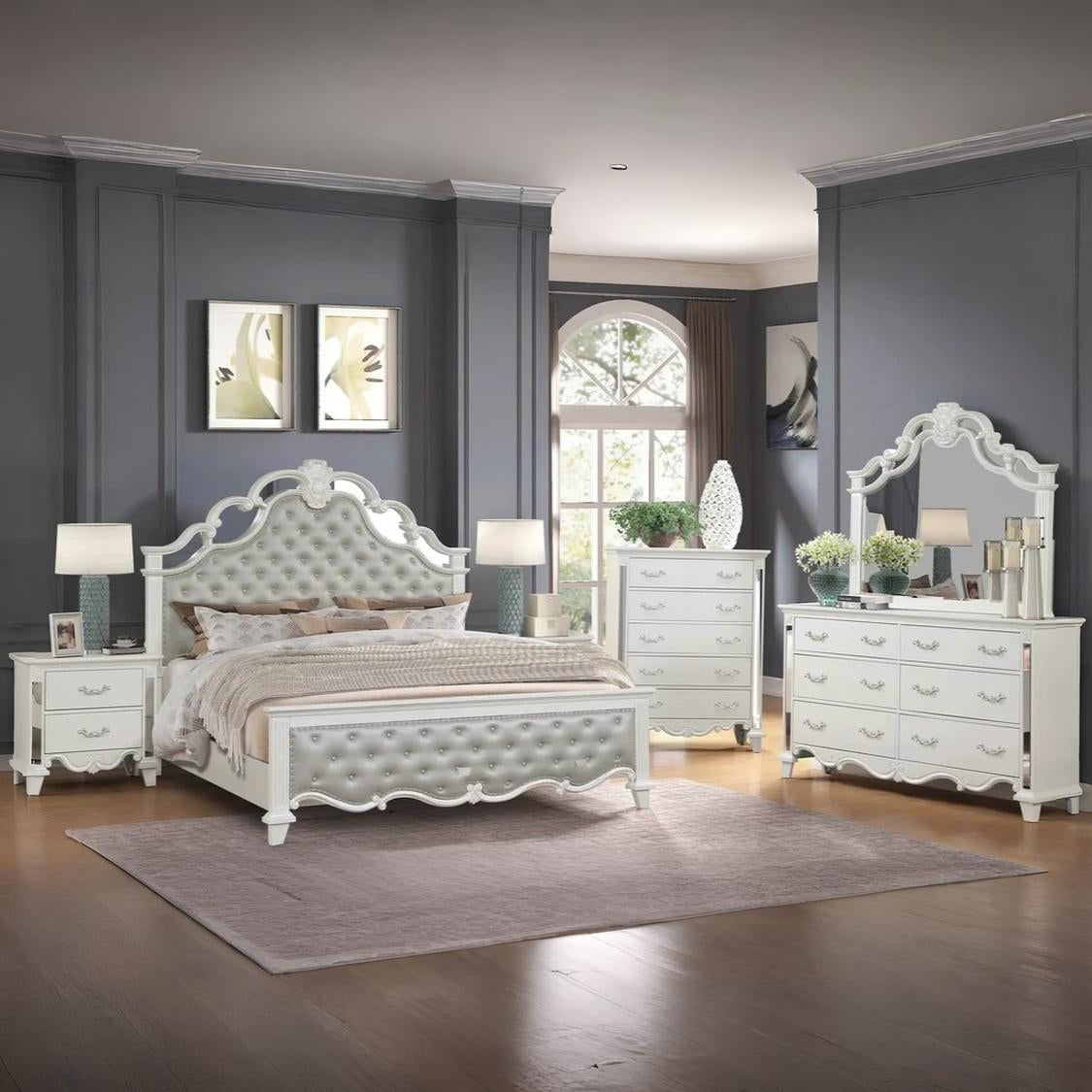 Elegant Sonia 5-Piece Contemporary Silver Tufted Pearl Bedroom Collection