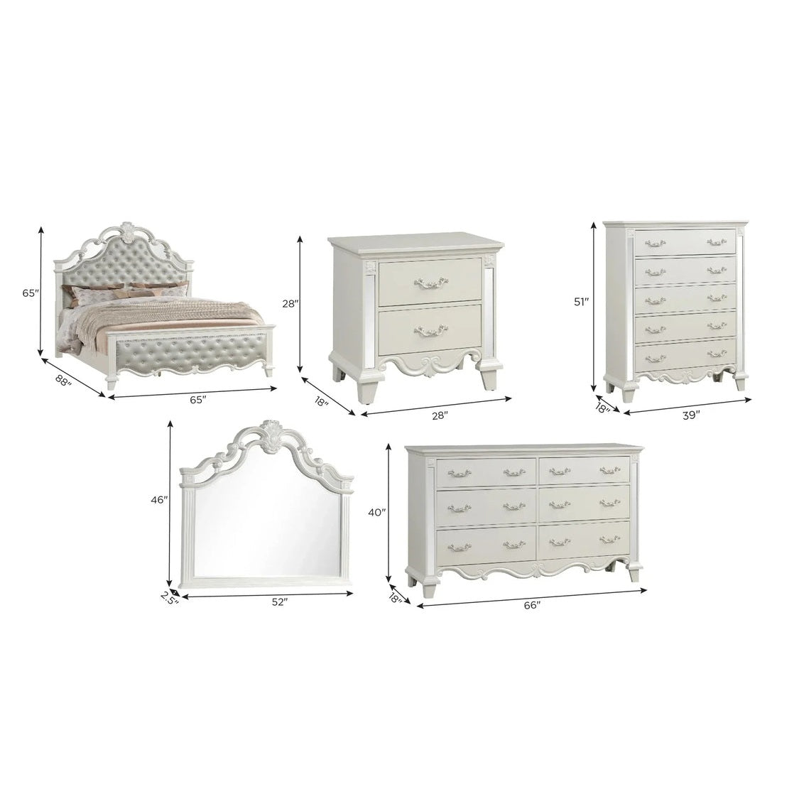 Elegant Sonia 5-Piece Contemporary Silver Tufted Pearl Bedroom Collection