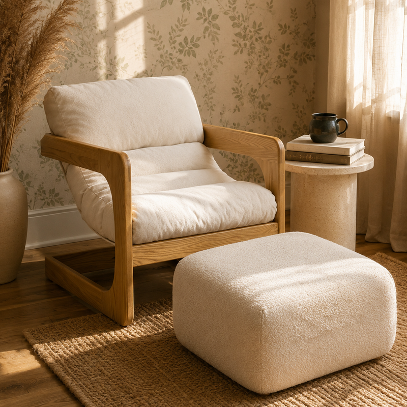 A modern wooden armchair with thick white cushions sits in a sunlit room beside a matching white ottoman, with a small side table holding books and a dark mug against floral wallpaper and sheer curtains.