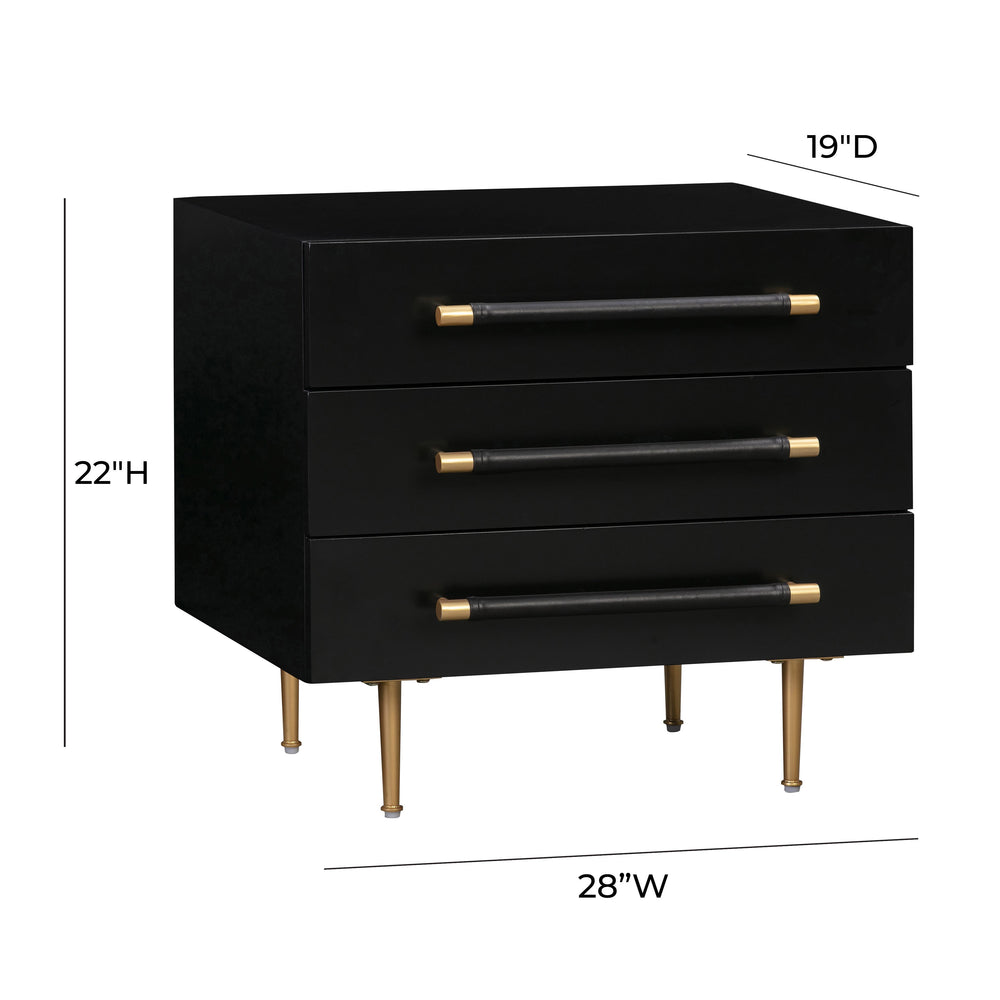 Trident Nightstand with Three Soft-Close Drawers & Brass Accents - Modern Minimalist Acacia & Iron dimensions
