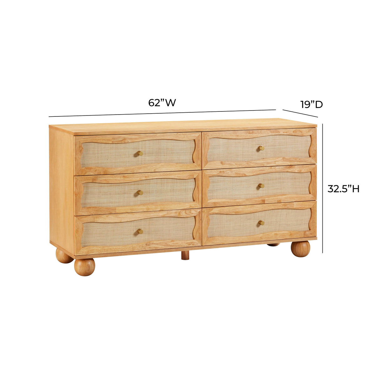 Grappa 62" Natural Wood & Raffia Wavy 6-Drawer Dresser