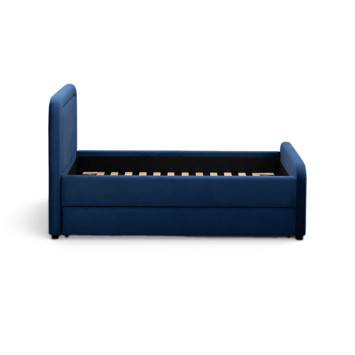 Low angle detail of the recessed pull-out trundle frame on the Briella Bed