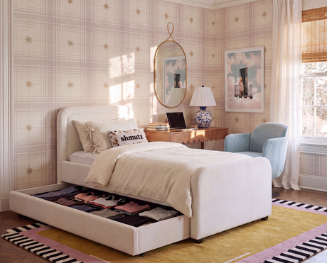 Briella Trundle Bed with both twin sleeping surfaces dressed with modern linens