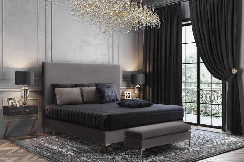 Delilah Velvet Bed with Brushed Gold Legs - Modern Glam Upholstered Bed in Textured Velvet
