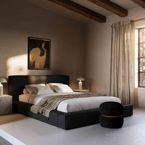 Olafur Upholstered Linen Bed with Soft Surround Cushions & Piped Stitching - Relaxed Mid-Century Modern