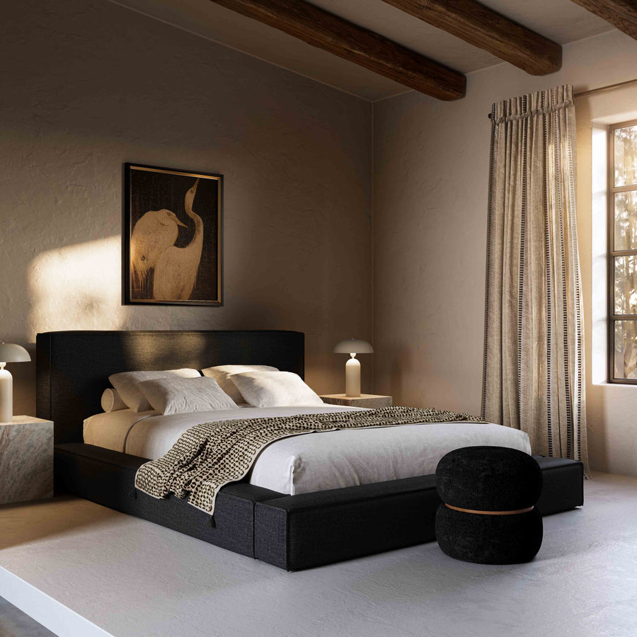 Olafur Upholstered Linen Bed with Soft Surround Cushions & Piped Stitching - Relaxed Mid-Century Modern