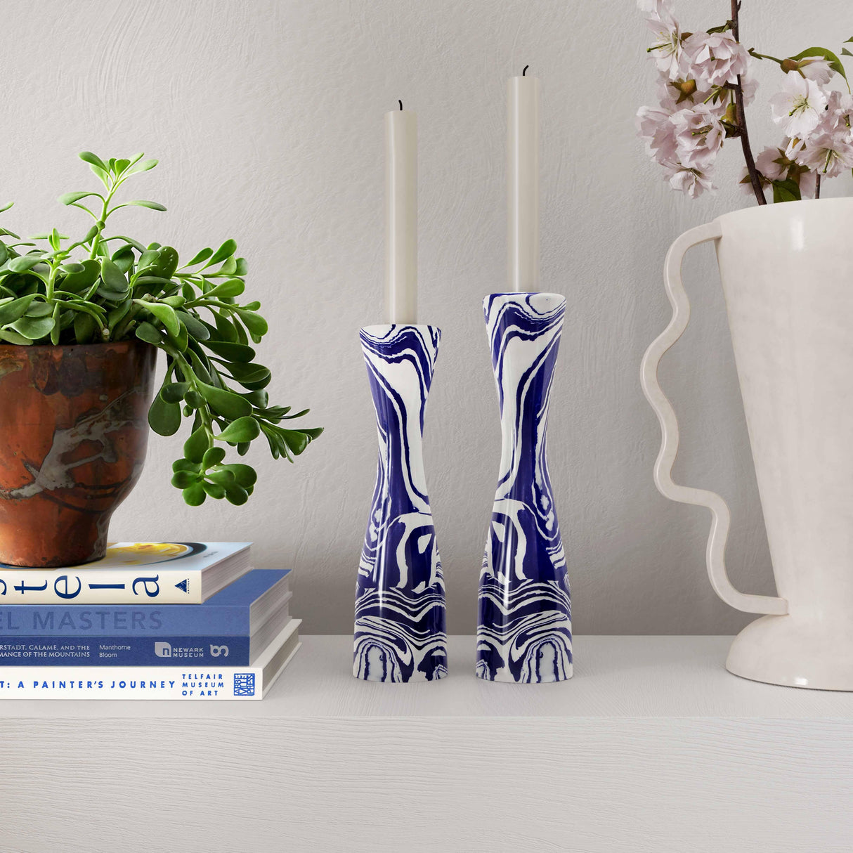 Serene Blue & White Swirl Resin Candlestick